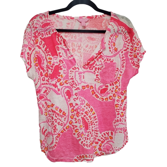 Lilly Pulitzer Duval Linenโ Top Small Coral Elephant Breathable Lightweight M - Picture 3 of 15